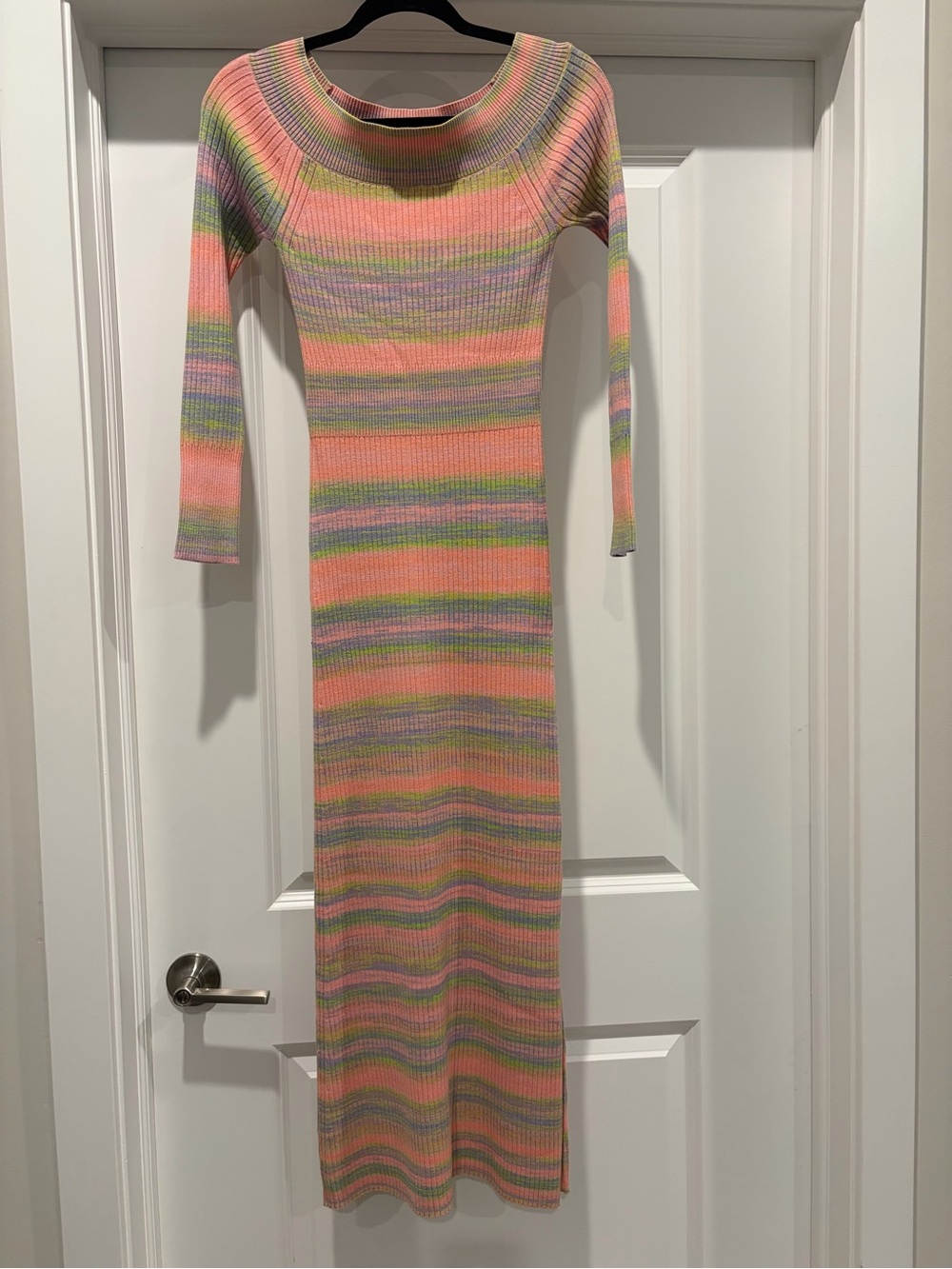 Ribbed Long-Sleeve Maxi Dress in Pink Stripe